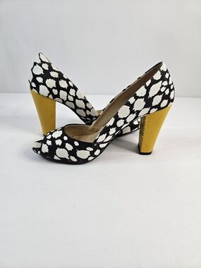 Avon Black and White Spot Peep-Toe Pumps with Yellow Block Heel